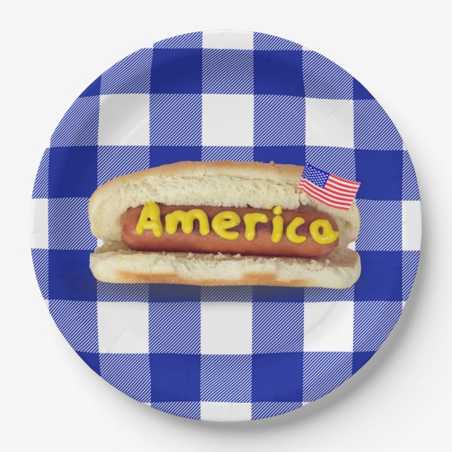 Prato De Papel American Hot Dog em Xadrez de Buffalo (Frente)