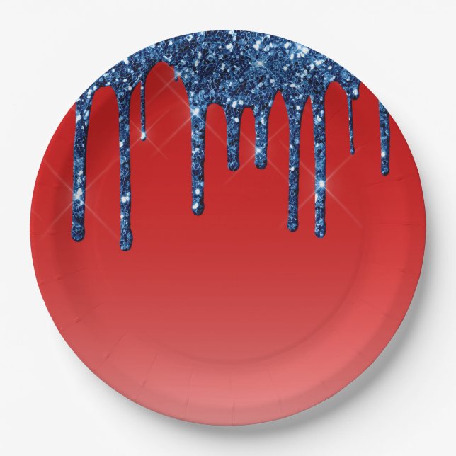 Prato De Papel Americana Red Blue Glitter Drip (Frente)