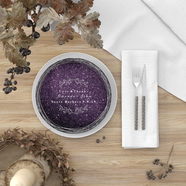 Prato De Papel Ametyst Plum Silver Floral Wreath Wlitter (Criador carregado)