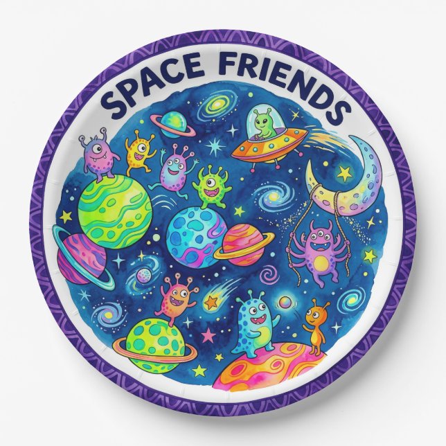 Prato De Papel "Amigos do Espaço" Alienígenas e Planetas Fofos Pr (Frente)