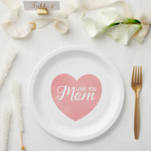 Prato De Papel Amo você texto de mãe, dia das mães coração rosa