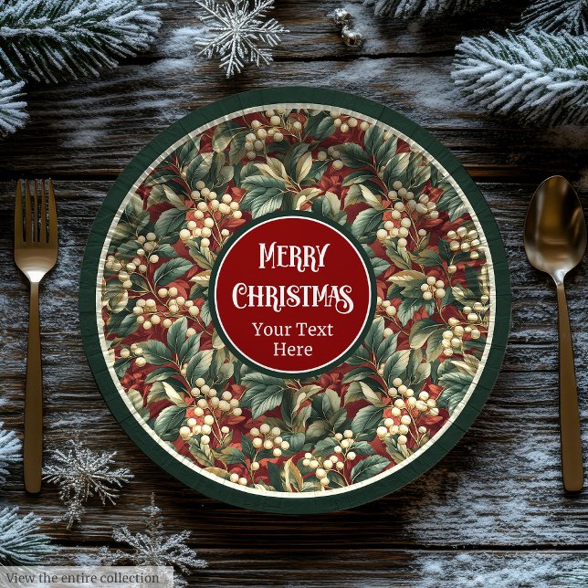 Prato De Papel Amoras sagradas de Natal opulentas com mudas (Opulent Christmas holly berries greenery muted Paper Plates)