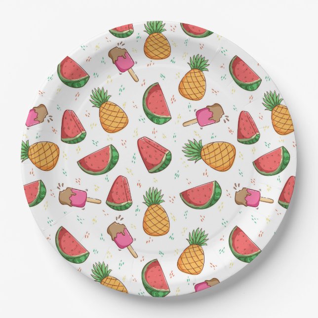 Prato De Papel Ananases, melancias e Sorvetes (Frente)