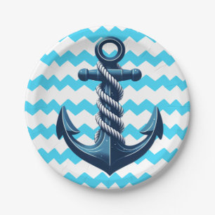 Prato De Papel Âncora azul com ondas azuis