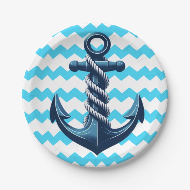 Prato De Papel Âncora azul com ondas azuis (Frente)