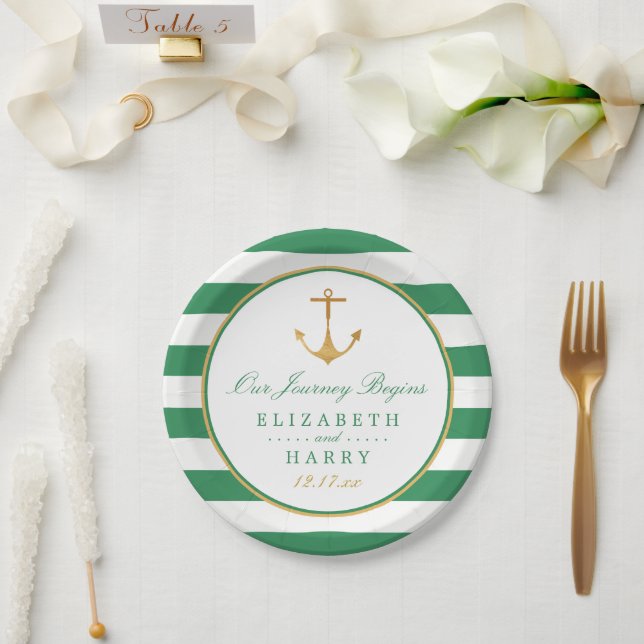 Prato De Papel Âncora Dourada, Casamento Verde e Dourado Marítimo (Casamento)