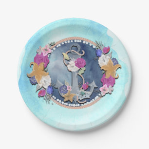 Prato De Papel Âncora floral náutica moderna da aguarela azul