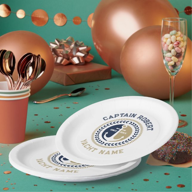 Prato De Papel Âncora náutica azul e dourada (Múltiplo)