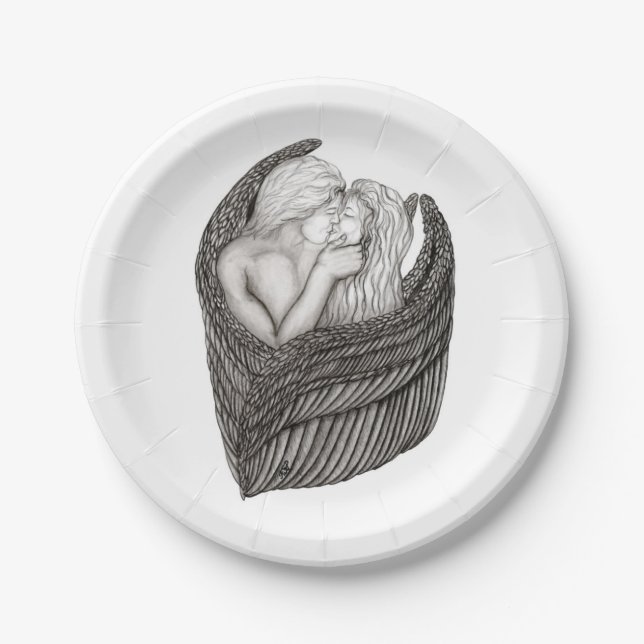Prato De Papel Angels Kissing, Design preto e branco (Frente)