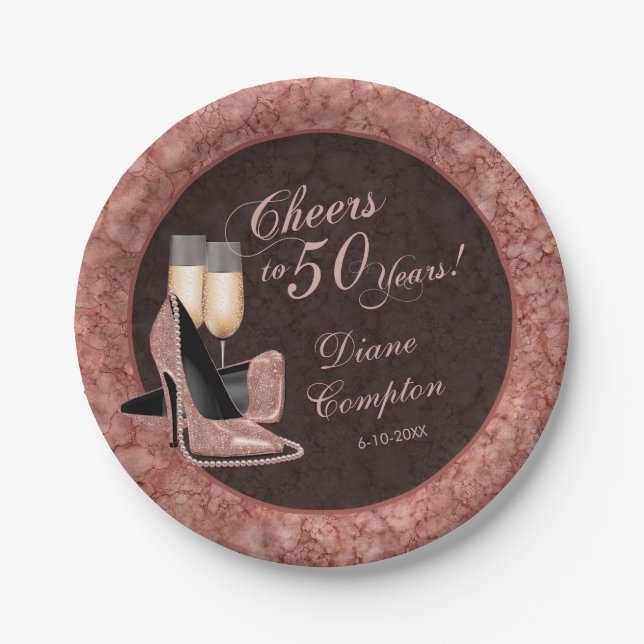 Prato De Papel Anima-se a 50 anos de aniversário Dourado Rosa (Frente)