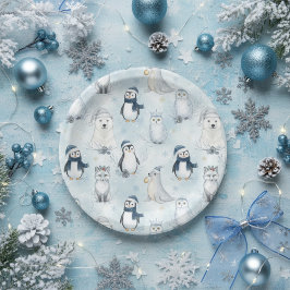 Prato De Papel Animais Árticos de Inverno Pinguim e Urso Polar Fo