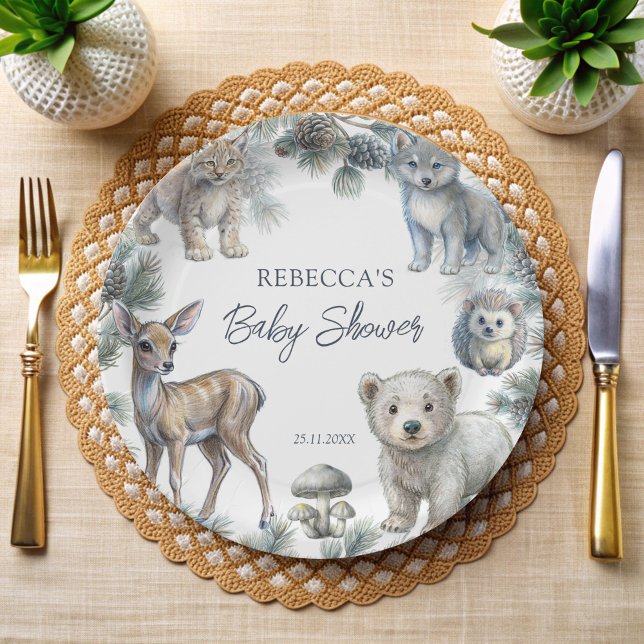 Prato De Papel Animais bebês bonitos das florestas, chá de fralda (Woodlands cute baby animals baby shower customized monogrammed paper plates personalized table decor)