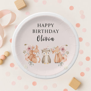 Prato De Papel Animais da Floresta Rosa de Aniversário