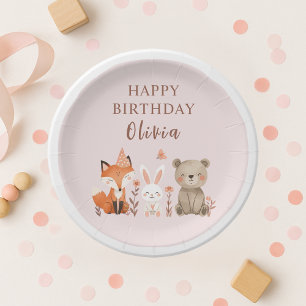 Prato De Papel Animais da Floresta Rosa de Aniversário