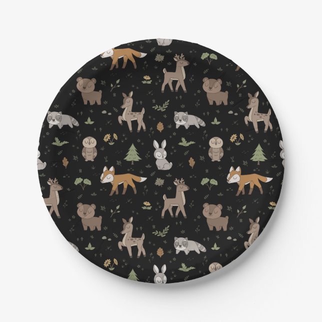 Prato De Papel Animais da Floresta Sonolentos e Pretos (Frente)