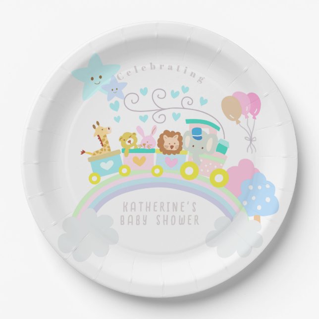 Prato De Papel Animais do comboio Pastel Branco (Frente)