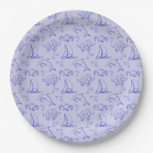 Prato De Papel Animais marinhos e padrão de desenho de uma linha