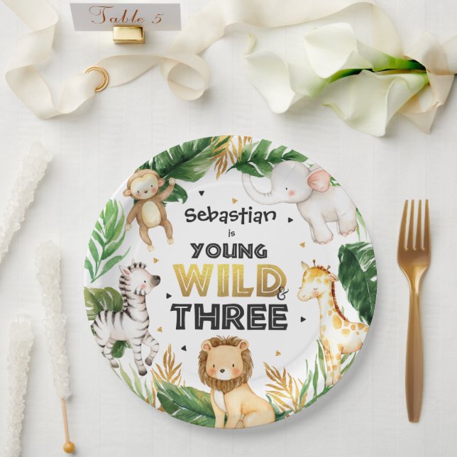Prato De Papel Animais Safari Jovens Selvagens E Três aniversário (Casamento)