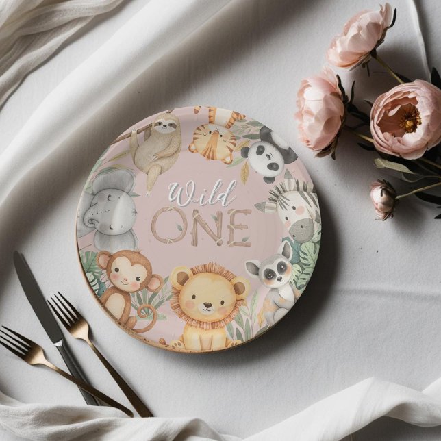 Prato De Papel Animais Selvagens Tropicais Rosa Um Safari Selvage (Criador carregado)