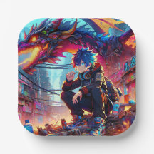 Anime Boy e Dragão em um mundo distópico