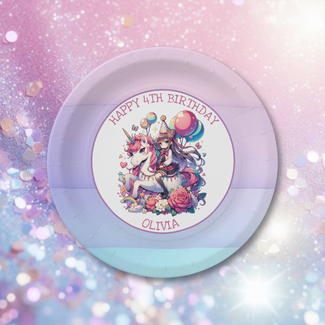 Prato De Papel Anime Girl no Unicorn Birthday Personalizado (Criador carregado)