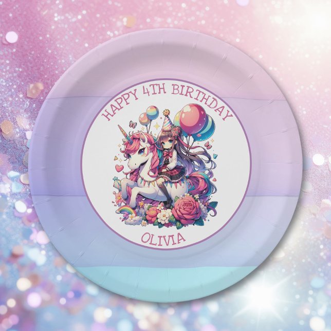 Prato De Papel Anime Girl no Unicorn Birthday Personalizado (Criador carregado)