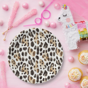 Prato De Papel Aniversário Animal Leopardo Preto Marrom Creme