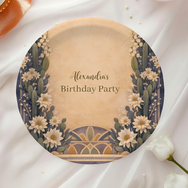 Prato De Papel Aniversário Boho Deserto Cactus (Criador carregado)