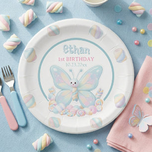 Prato De Papel Aniversário Borboleta de Algodão Doce Azul