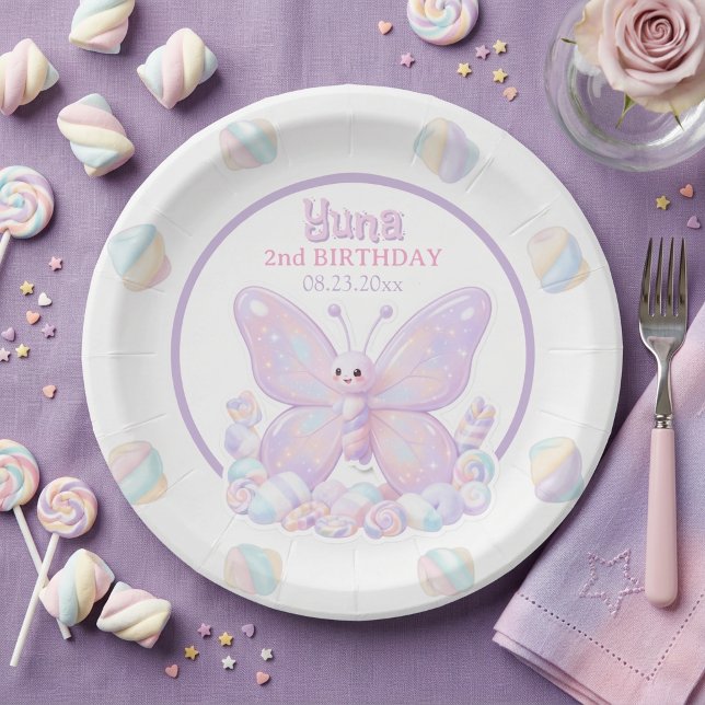 Prato De Papel Aniversário Borboleta Lavanda Roxa (Purple Lavender Butterfly Birthday Paper Plate)