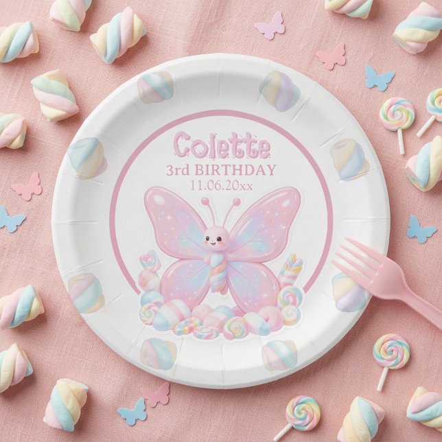 Prato De Papel Aniversário Borboleta Morango Rosa (Pink Strawberry Butterfly Birthday Paper Plate)
