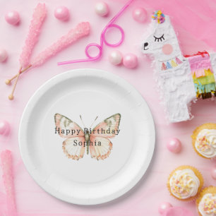 Prato De Papel Aniversário Borboleta Rosa Menina