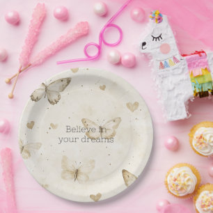 Prato De Papel Aniversário Borboletas Corações Creme