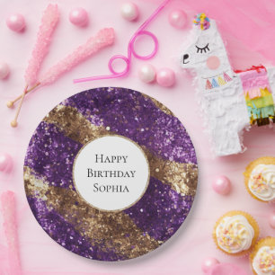 Prato De Papel Aniversário Brilho Dourado Roxo