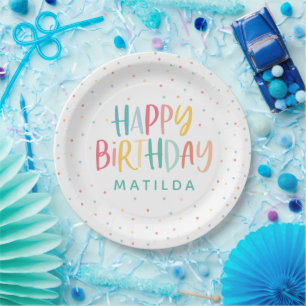 Prato De Papel Aniversário colorido com arco-íris e bolinhas
