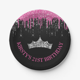 Prato De Papel Aniversário com Brilho Pingando Preto e Rosa
