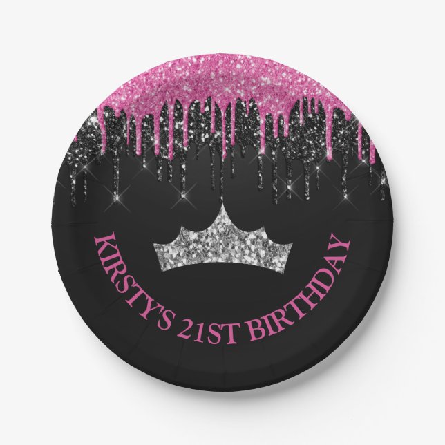 Prato De Papel Aniversário com Brilho Pingando Preto e Rosa (Frente)