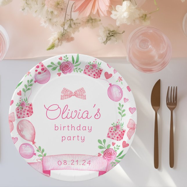 Prato De Papel Aniversário da Arco Pink Coquette Preppy Girl (birthday bow pink coquette paper plate)