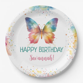 Prato De Papel Aniversário da Borboleta Arco-íris