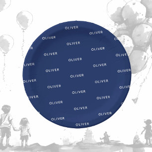 Prato De Papel Aniversário da Criança - Nome Azul Escuro