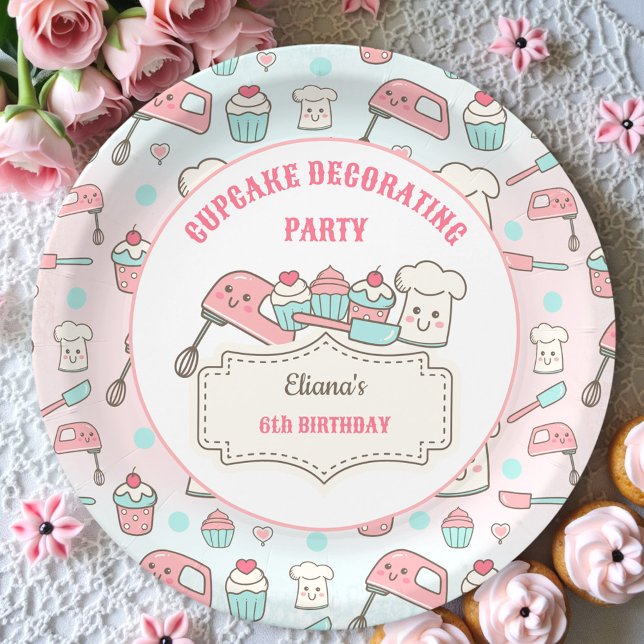 Prato De Papel Aniversário da cupcake Decorando Festa Bandeira (Cupcake Decorating Cute Baking Party Girl Birthday Paper Plates)