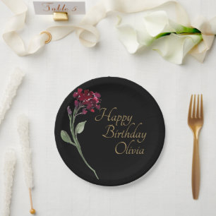 Prato De Papel Aniversário da Floral Elegante de Letra Dourada