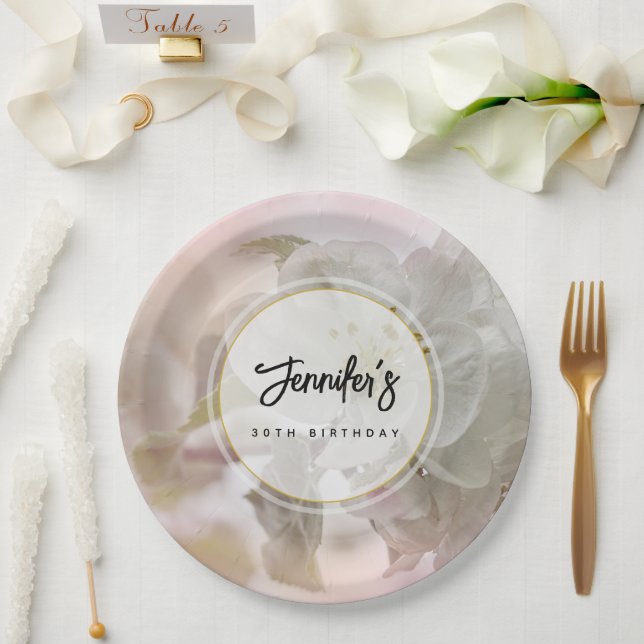 Prato De Papel Aniversário da Fotografia do Flor da Maçã Branca (Casamento)