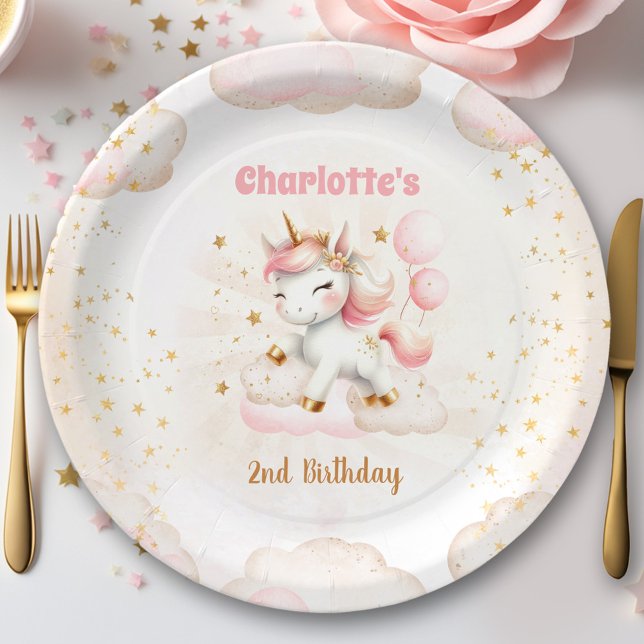 Prato De Papel Aniversário da Garota do Unicórnio Rosa (Pink Cute Unicorn Girl Birthday Paper Plates)