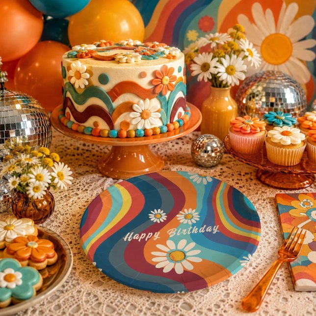 Prato De Papel Aniversário da Margarida Arco-Íris Retro Groovy do (Criador carregado)