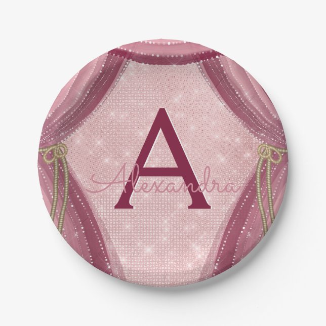 Prato De Papel Aniversário da Menina Rosa-Blush, Dourada e Borgon (Frente)