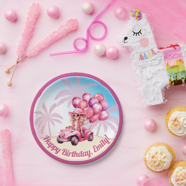 Prato De Papel Aniversário da Praia Convertível Rosa (Festa)