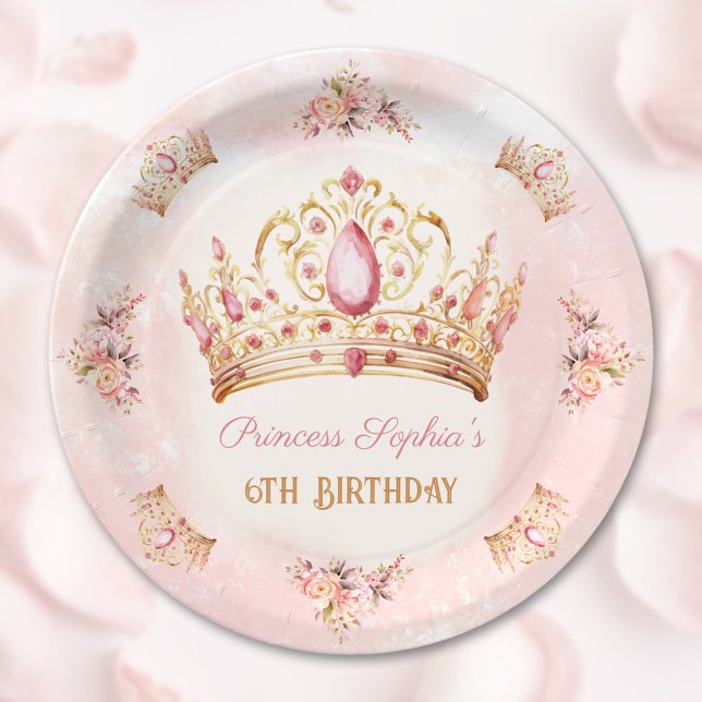 Prato De Papel Aniversário da Princesa Rosa Dourada Floral (Crown Princess Pink Floral Gold Girl Birthday Paper Plates)