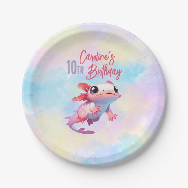 Prato De Papel Aniversário da Rainbow axolotl (Frente)