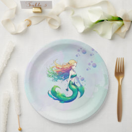 Prato De Papel Aniversário da Sereia Roxa e Dourada sob o Mar